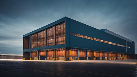 Large industrial warehouse at night. Wide angle view of warehouse building.の素材