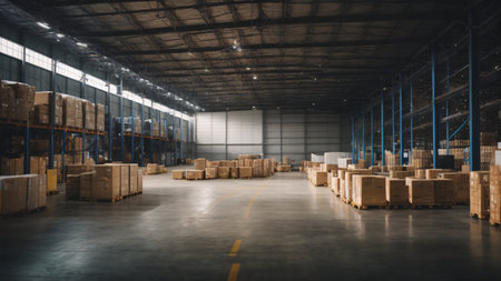 High angle view of warehouse with rows of wooden pallets in warehouseの素材