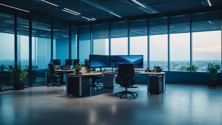 Modern coworking office interior with computers and city view. 3D Renderingの素材