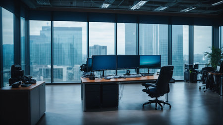 Modern office interior with panoramic city view. Nobody inside.の素材
