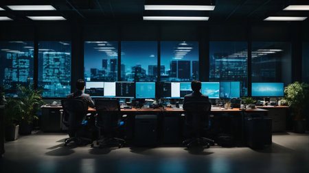 Back view of two businessmen working on computers in modern open space office with night city viewの素材