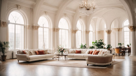 interior of luxury classic living room with large windows and big windowsの素材