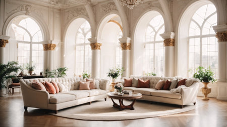 Luxury interior design of living room with white sofa and windowsの素材