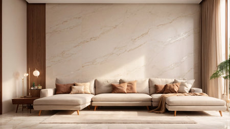Modern bright interiors 3D rendering illustration. Living room with marble wallの素材