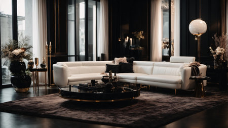 Interior of luxury living room with black and white sofa and coffee tableの素材