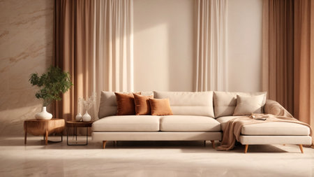 Interior of modern living room with beige sofa 3d renderの素材