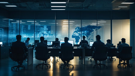 Silhouettes of business people working together in modern office. Mixed mediaの素材