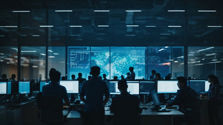 Silhouettes of business people working on computers in modern office at nightの素材