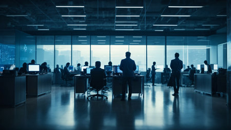 Silhouettes of business people working in a modern office with panoramic windowsの素材