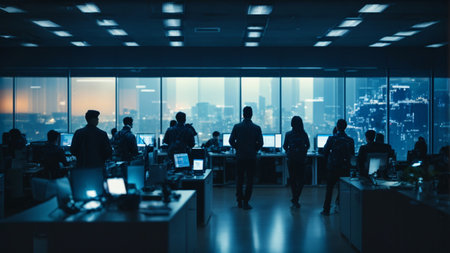 Silhouettes of business people working in modern office with night city viewの素材