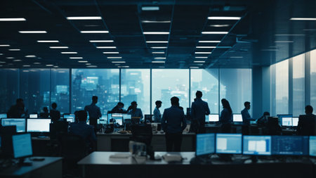 Silhouette of a group of business people in a modern officeの素材