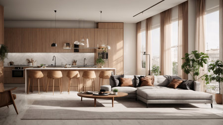 Interior of modern kitchen with beige and wooden walls, tiled floor, comfortable sofa and coffee table. 3d renderingの素材