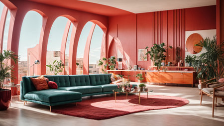 Interior of modern living room with green sofa and red archesの素材