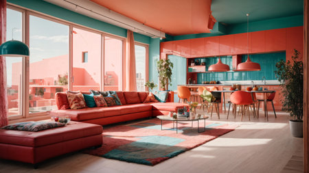 Interior of a modern living room with a red sofa and a pink coffee tableの素材