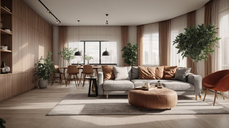 Interior of modern living room with sofa and armchair 3D renderingの素材