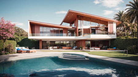 3d rendering of modern cozy house with pool and parking for sale or rent. Clear sunny summer day with blue sky.の素材