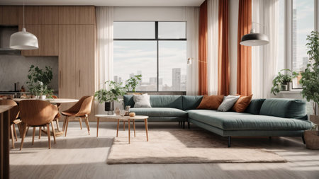 Modern living room interior with furniture and city view. 3D Renderingの素材