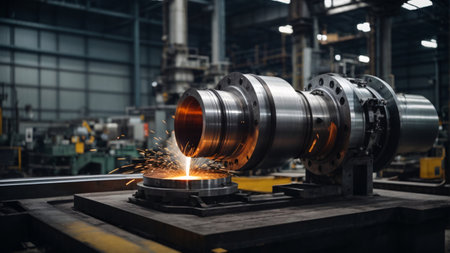 Industrial scene of a steel milling machine. Metalworking industryの素材