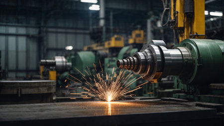 Industrial laser cutting metal with sparks in a factory. Metalworking industryの素材