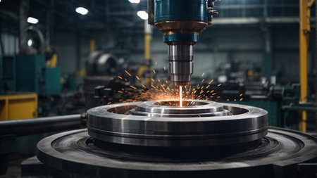 CNC milling machine cutting metal with sparks. Metalworking industryの素材