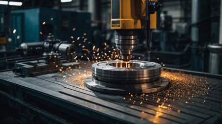 CNC milling machine cutting metal with sparks. Metalworking industry.の素材