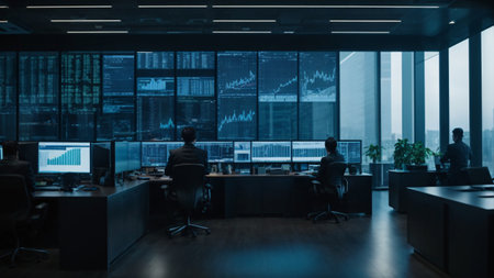 Silhouettes of business people working in a modern office at nightの素材