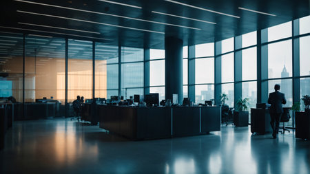 Businessman working in modern office with panoramic window view.の素材