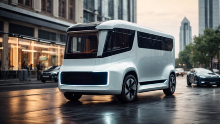 Modern white minivan on the streets of the city. Blurred backgroundの素材