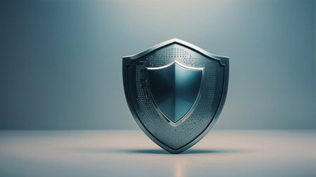 3d rendering of a shield on a blue background, security conceptの素材