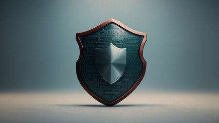 Protection shield on a blue background. 3d rendering, 3d illustration.の素材