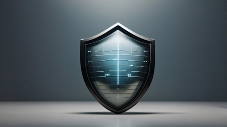 Shield security concept on grey background. 3D rendering. Security concept.の素材