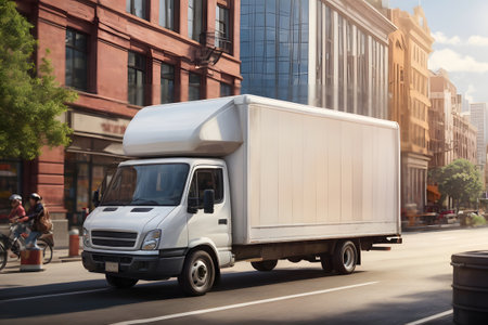 White commercial delivery truck on the street in the city. 3d renderingの素材