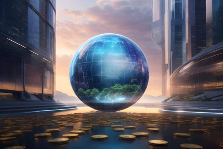 Earth globe on the background of the city. 3D rendering.の素材