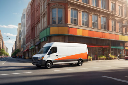 White commercial delivery van on the city street. 3d rendering.の素材