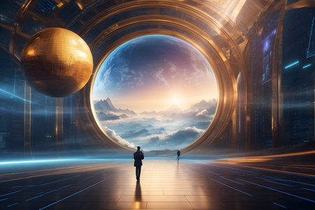 Man in front of a futuristic tunnel. 3D Rendering.の素材