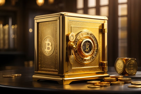 Gold safe with bitcoins on table. Cryptocurrency and finance conceptの素材