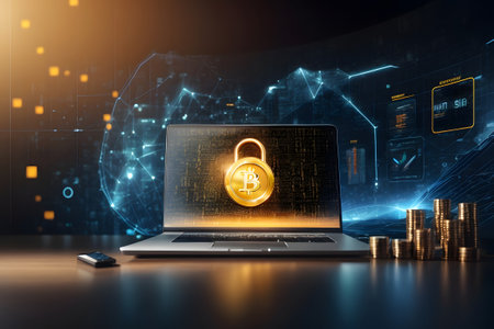 Laptop with golden padlock and coins on dark background. Digital security concept. 3D Renderingの素材