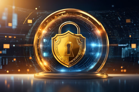 Cyber security concept. Shield with padlock on digital background. 3D Renderingの素材