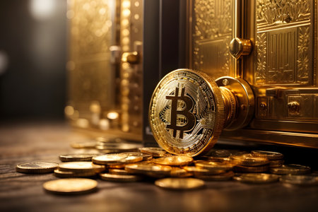 Bitcoin coin and gold safe. Cryptocurrency and finance concept.の素材