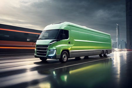 Green commercial delivery van on the road with motion blur background. Side view.の素材