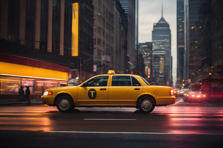 Yellow taxi cab in Times Square in New York City.の素材