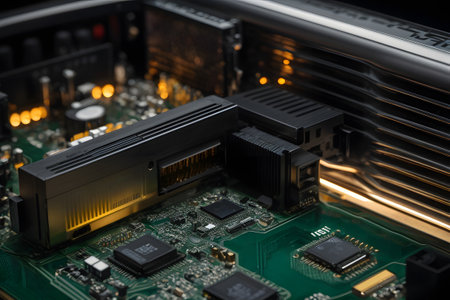 Close up of computer motherboard with microcircuits. Technology background.の素材