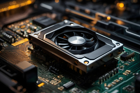 Close up of CPU cooler on computer motherboard. Technology and hardware concept.の素材