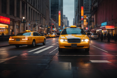 Yellow taxi cab on a street in New York City.の素材
