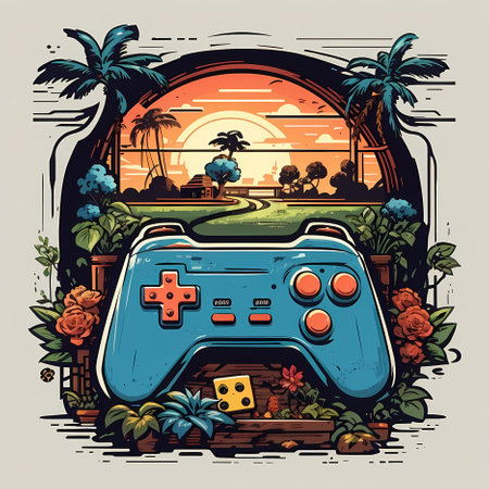 Retro videogame controller on the background of palm trees. Vector illustrationの素材