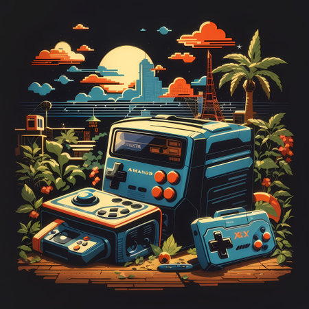 Retro videogames on the background of the city. Vector illustrationの素材