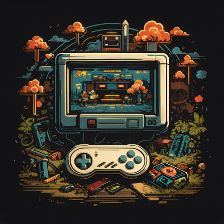 Retro videogame console on vintage grunge background. Vector illustrationの素材