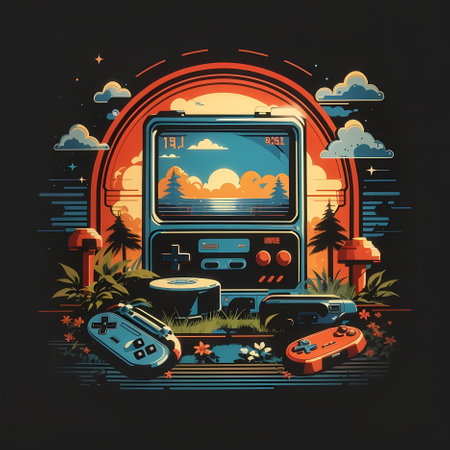 Retro video game console on a background of sunset. Vector illustrationの素材