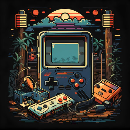 Retro video game console on the background of palm trees. Vector illustrationの素材