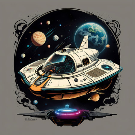 Space ship in the space with planets and stars. Vector illustration.の素材